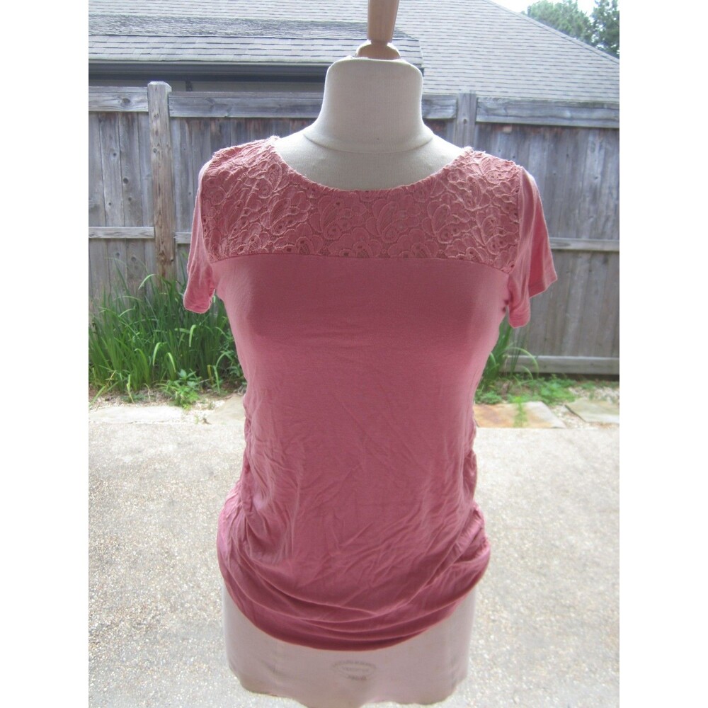 Motherhood Maternity Womens Small Sheer Lace Shirt Flutter Short Sleeve Peach